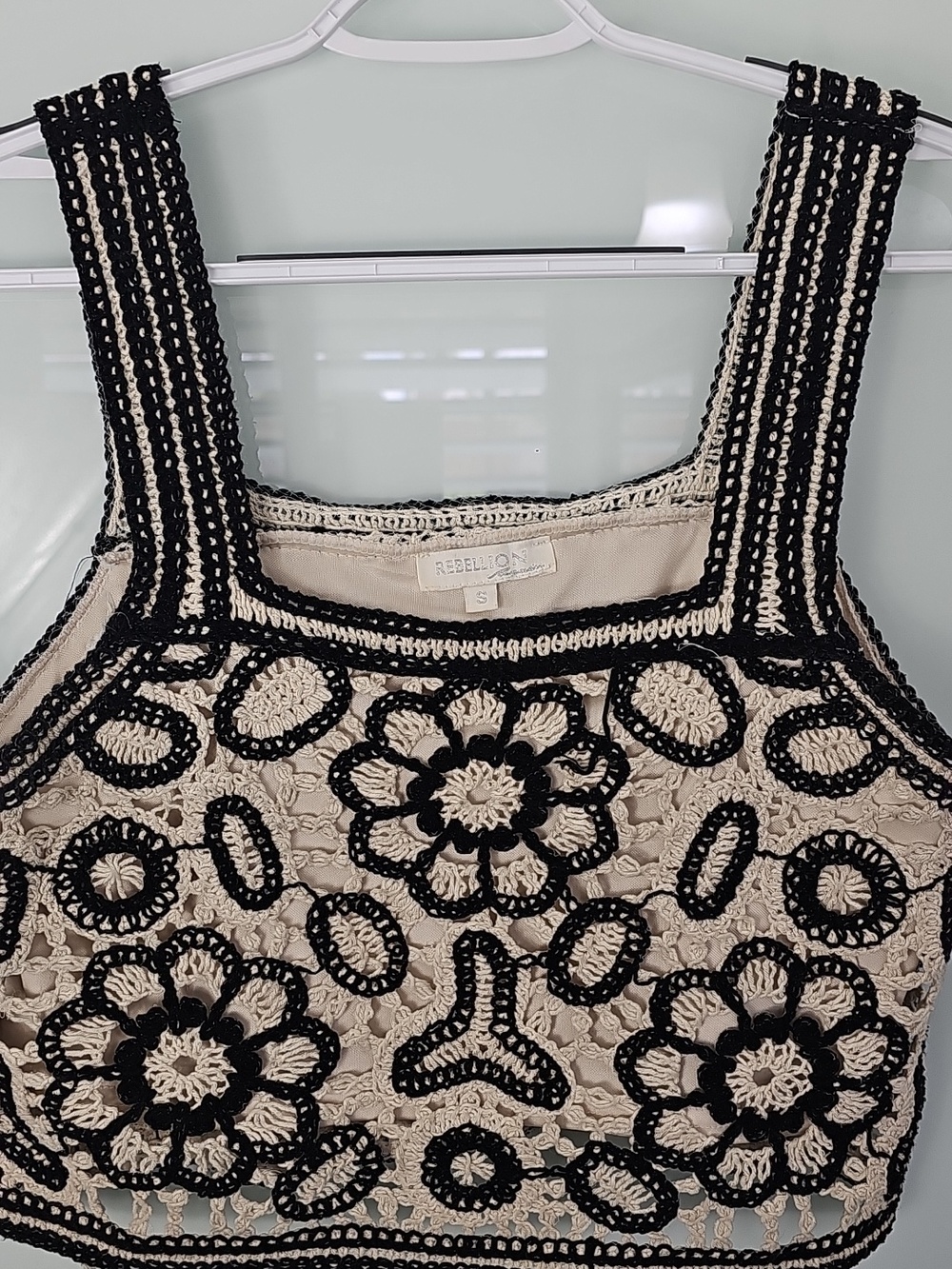 Rebellion Set Cream Crochet Crop Top And Short Pants Black Floral Trim. Size S - Picture 10 of 13